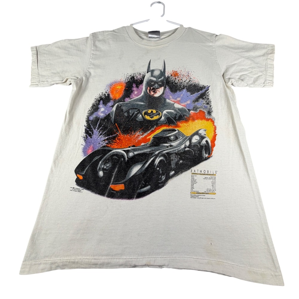 Vintage 1989 Batman Batmobile T-Shirt Oneita Power-T Single Stitch White Large